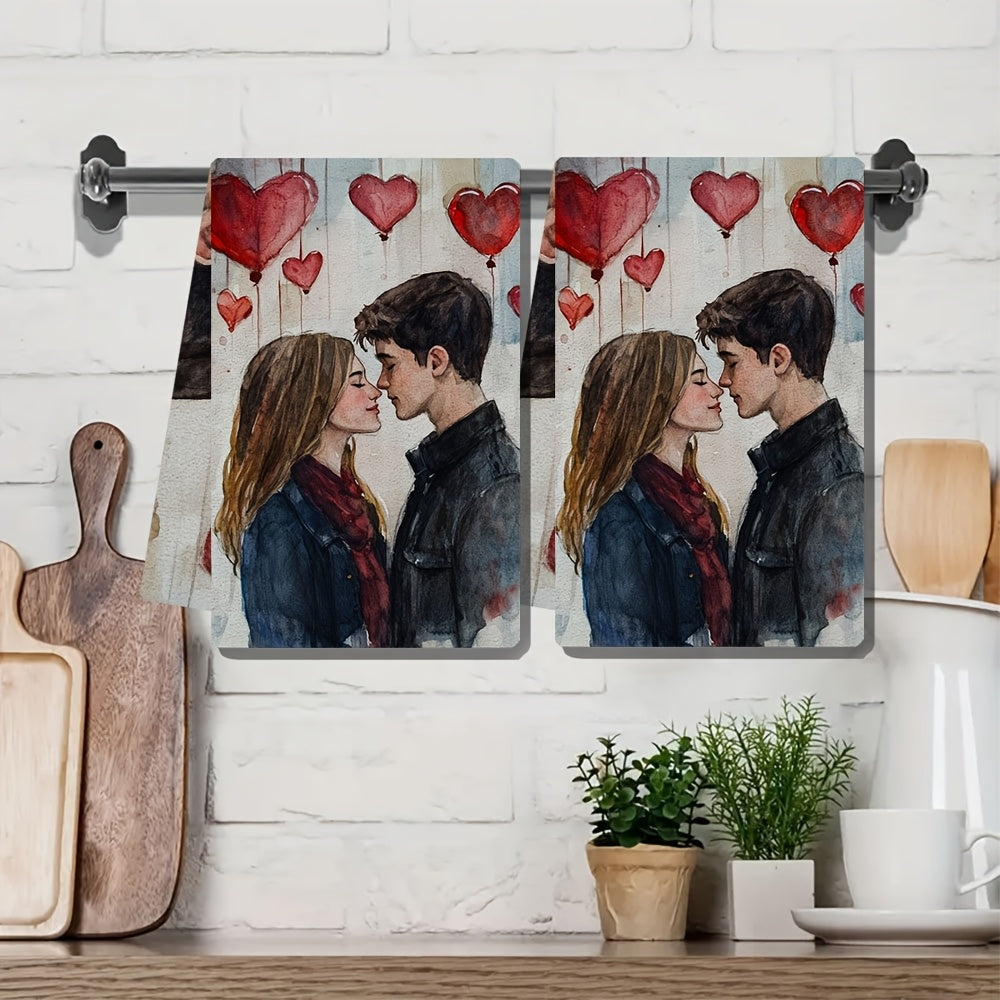 2 ta Ultra Soft oshxona sochiqlari to'plami - Yosh sevgililar bilan romantik Valentin kuni mavzusi, a'lo darajada oson yutish va mashinada yuviladigan idish qo'l sochiqlari, Zamonaviy akvarel dizayni, o'lchami: 40.64x60.96 sm, oshxona idish sochiqlari