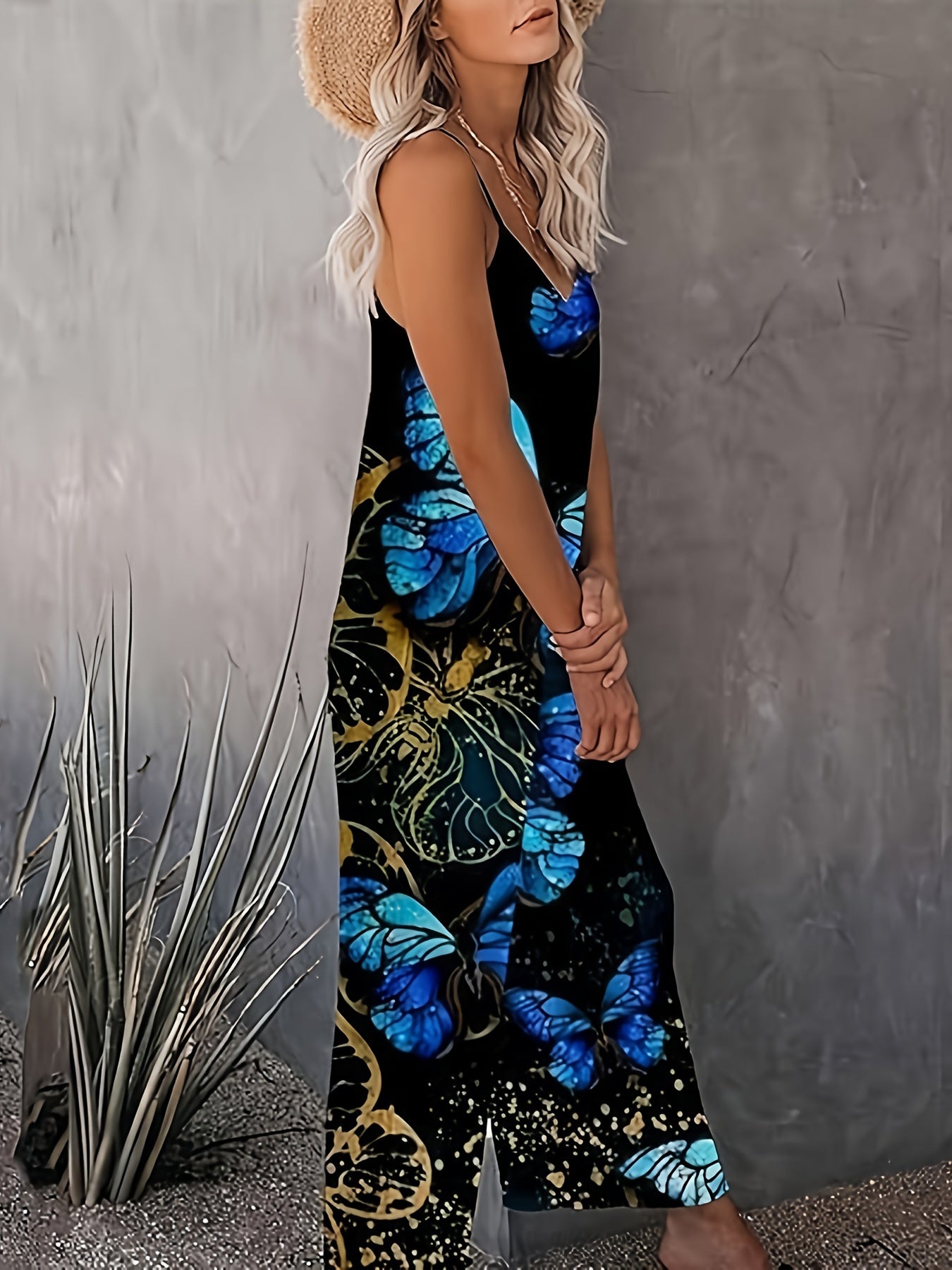 Plus Size Butterfly Print Wide Leg Jumpsuit Casual Sleeveless Romper