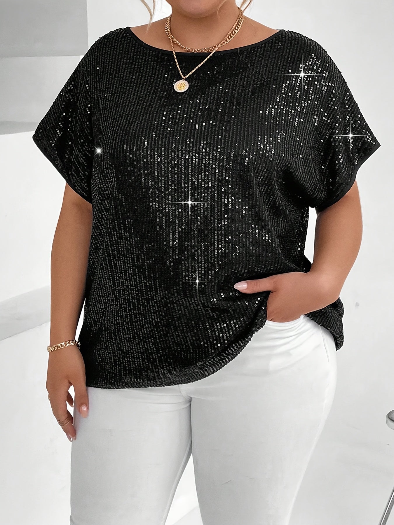 Plus Size Women's Sequin Short Sleeve T-Shirt Lightweight Silver Casual Top