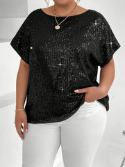 Plus Size Women's Sequin Short Sleeve T-Shirt Lightweight Silver Casual Top