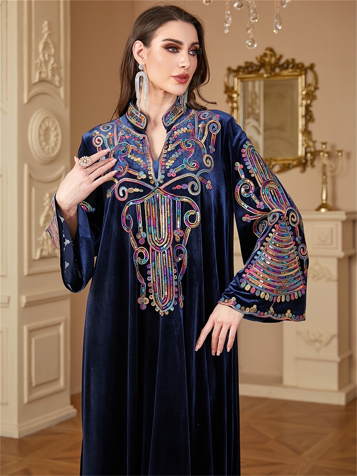 Women’s Dark Blue Sequin Abaya with Floral Patterns Long Sleeve Velvet Maxi Dress for Ramadan and Formal Events