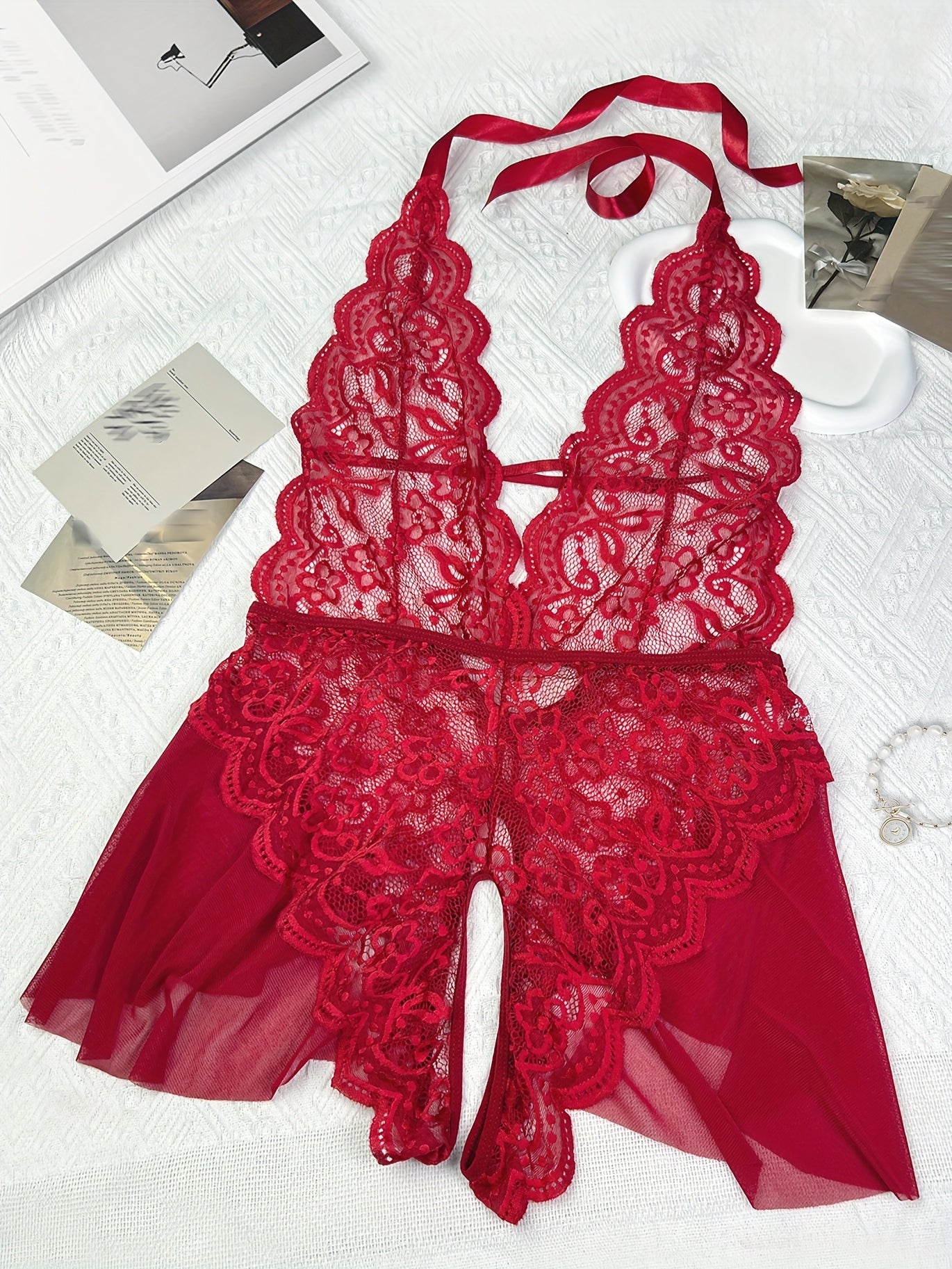 Кружевной сетчатый тедди для женщин с глубоким V, открытым промежностью, боди-халтер, сексуальное белье