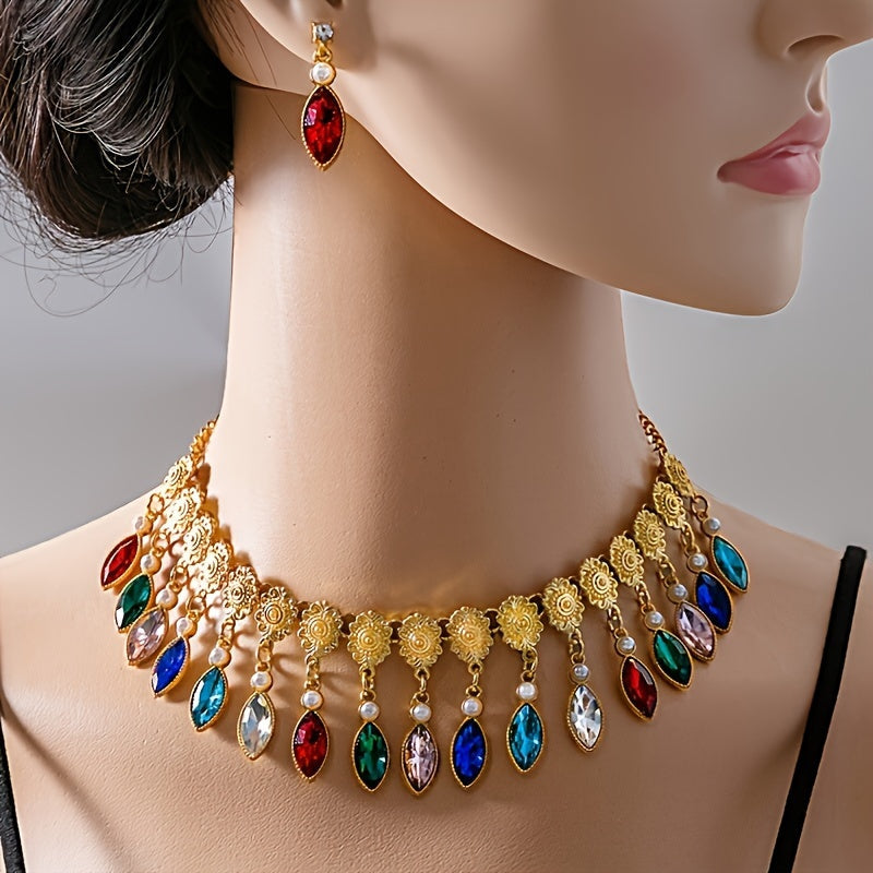 Vintage Boho-Chic Jewelry Set Rhinestone Faux Pearl Necklace Earrings Ring for Weddings and Events