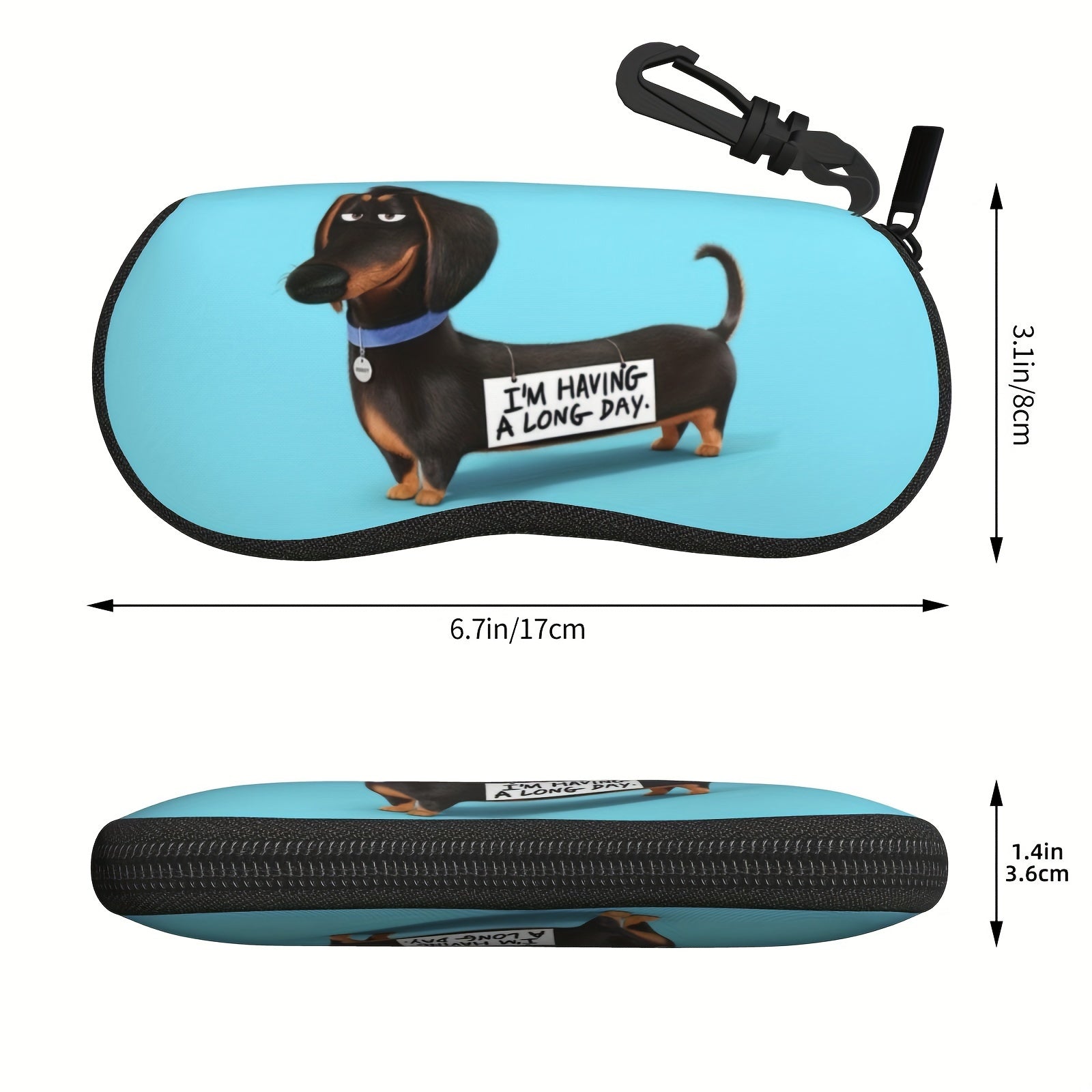 Qiziqarli kartun bosma bilan bezatilgan, sevimli dachshund kuchukchasi naqshiga ega bo'lgan portativ ko'zoynak qutisi, kalit zanjiri bilan birga keladi va yumshoq neopren materialidan tayyorlangan, fermuari bor.