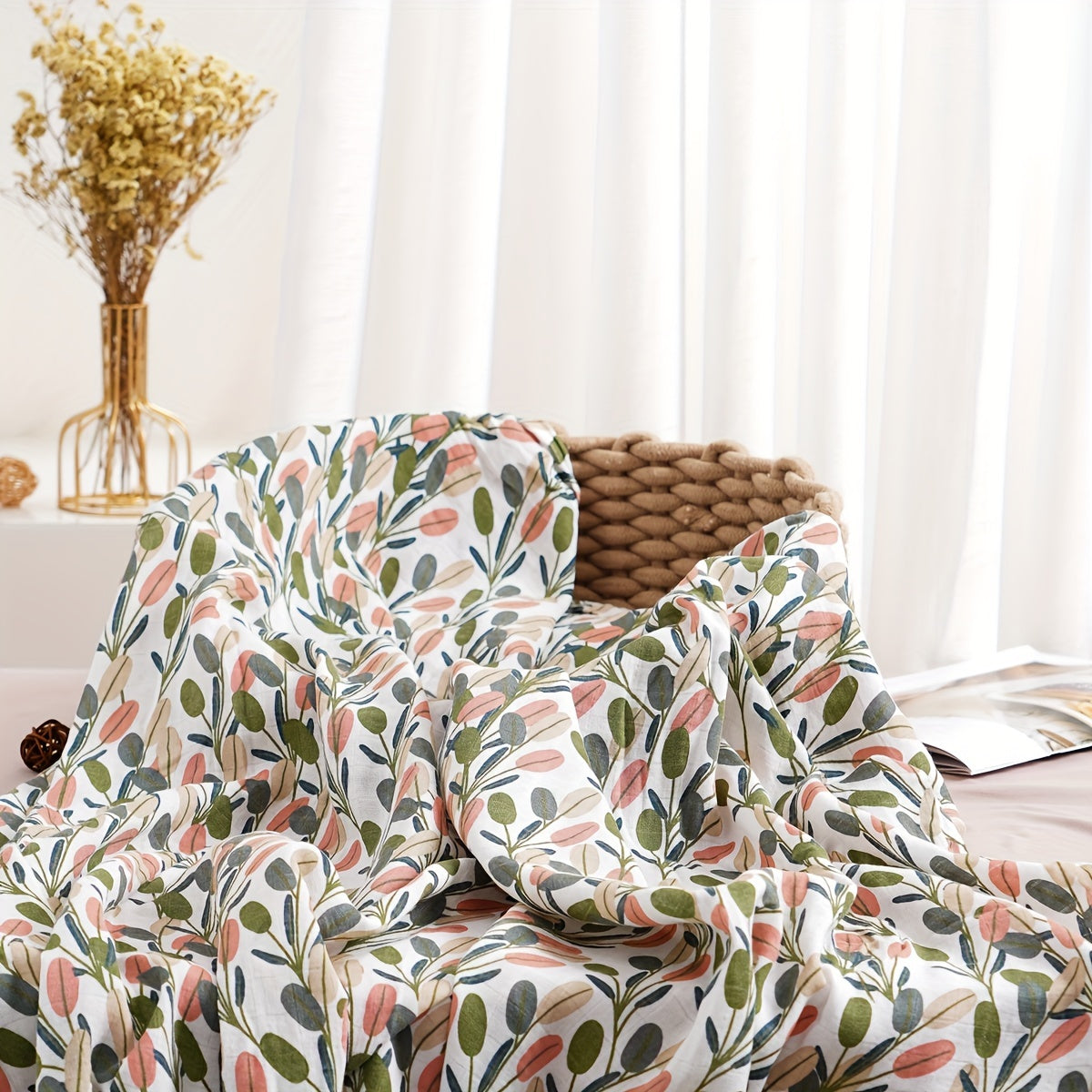 Baby Swaddle Blanket Soft Bamboo 2-Layer Plant Print for Sleep and Play