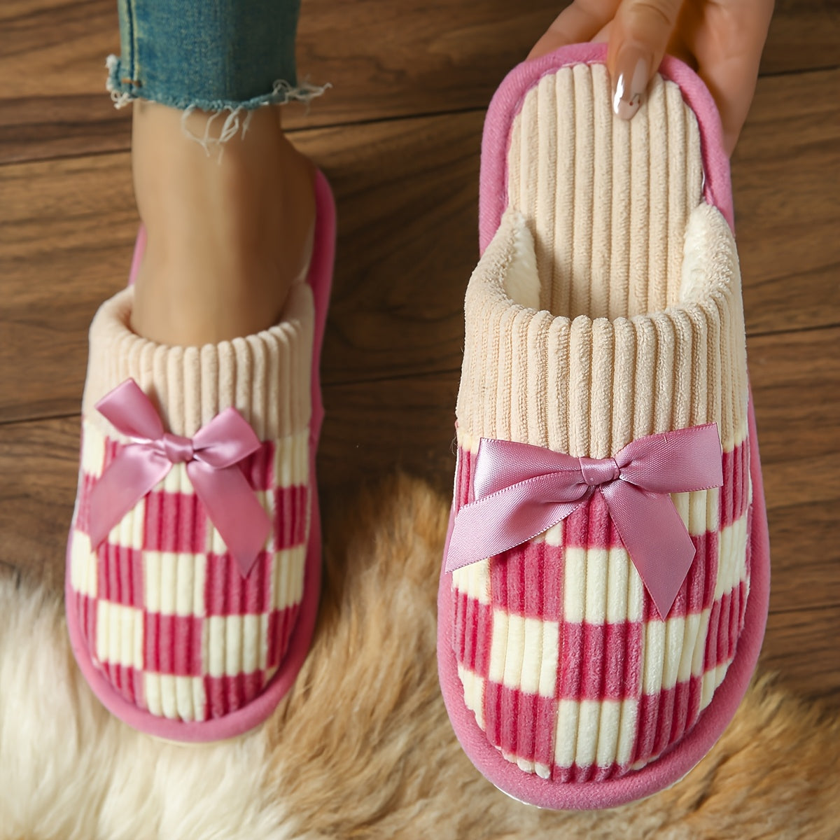 Unisex Plush Indoor Slip-On Slippers with Bow Accent Non-Slip EVA Sole