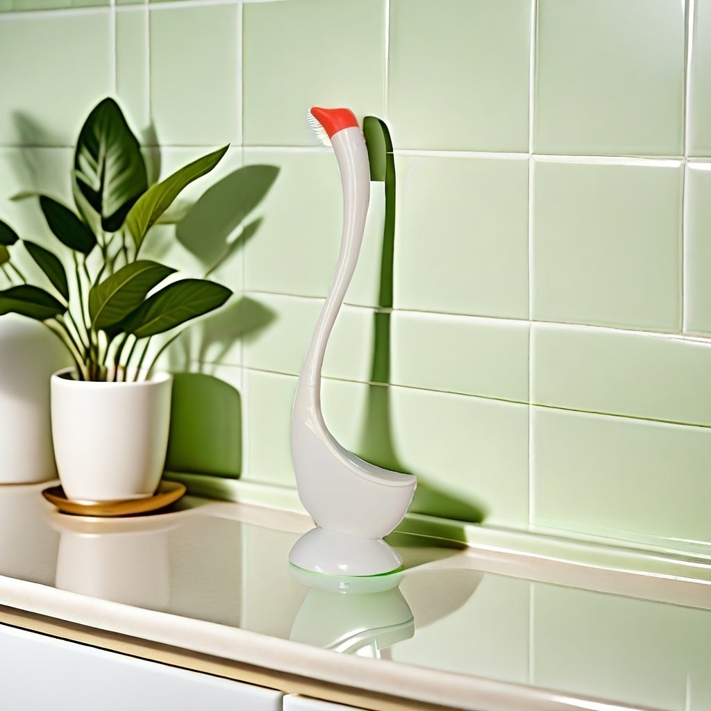 Swan-Shaped Toilet Brush with Angled Bristles Floor Mount No-Drill Long Handle Medium Firm