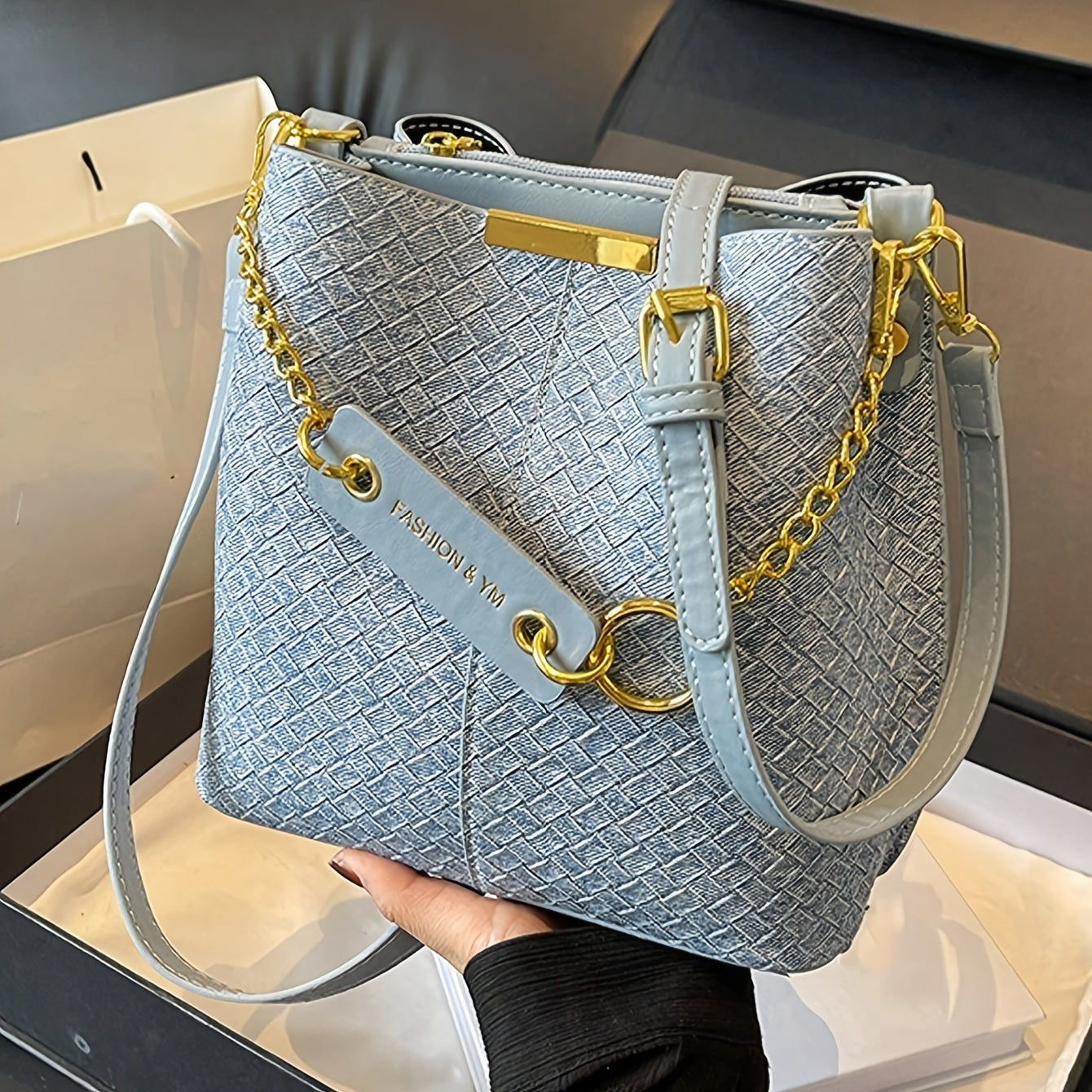 Women's Blue Plaid PU Crossbody Bag with Adjustable Shoulder Strap for Work and Casual Use