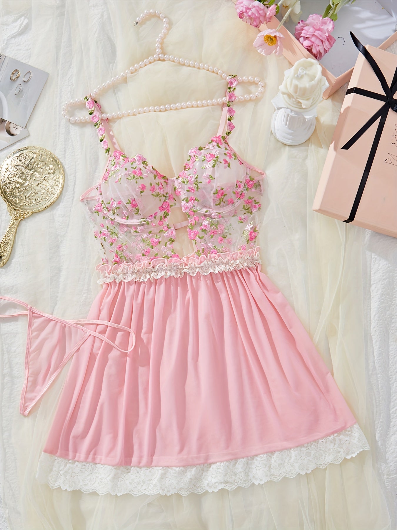 Lingerie Floral Lace Trim Dress V-Neck Backless Sensual Lingerie