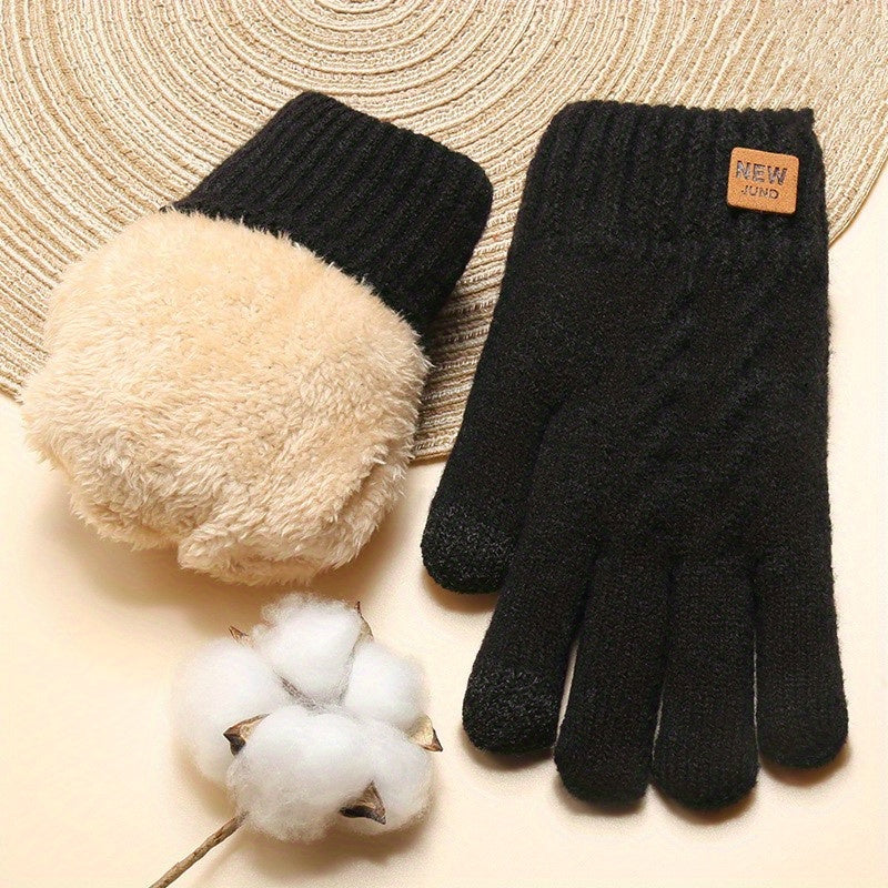 Double Layer Knitted Gloves with Velvet Lining Warm Touch Screen Short Winter Gloves Solid Color Elastic