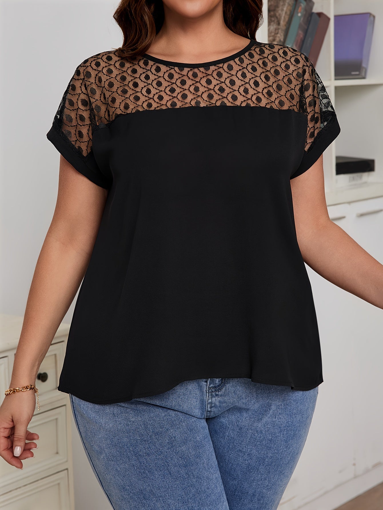 Women Plus Size Lace Stitching Crew Neck Blouse Casual Short Sleeve Spring Summer