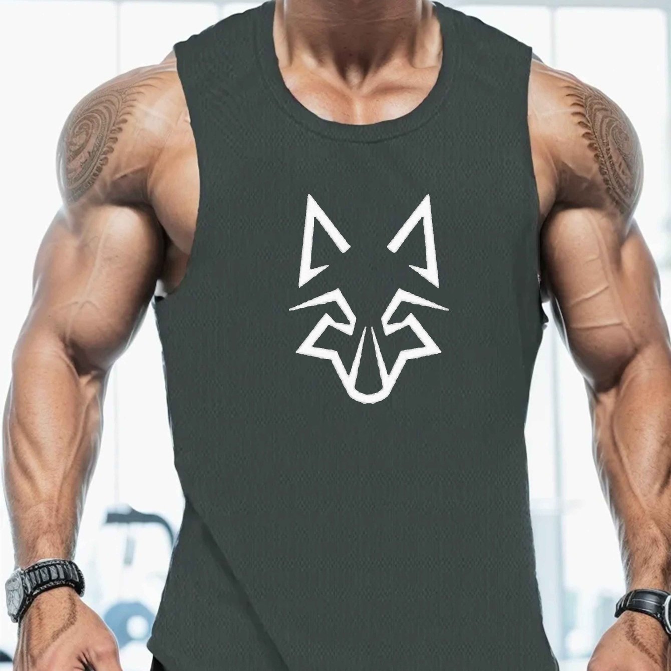 Men's Large Polyester Geometric Wolf Head Design Summer Vest Sports Regular Fit