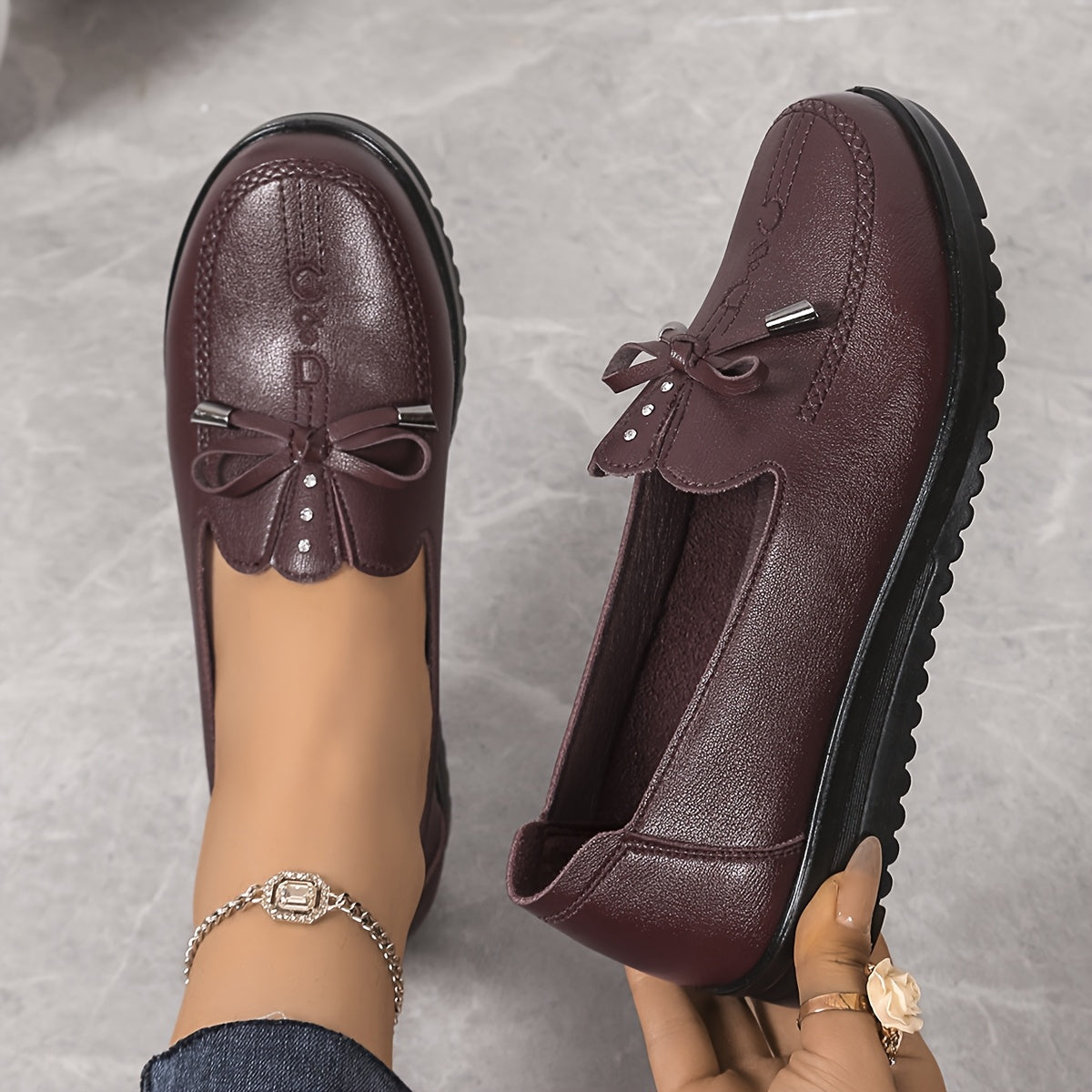 Women's Slip-On Flats Burgundy PU Casual Shoes Cushioned Insole