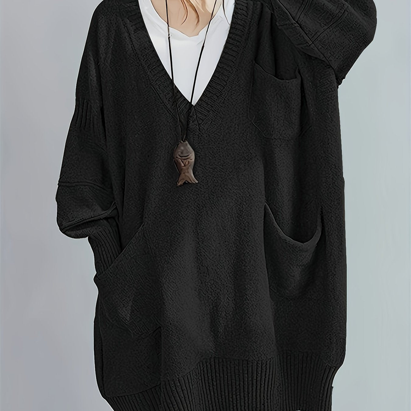 Plus Size Casual Loose Fit Pullover Sweater Dress Women Mid-Length Black