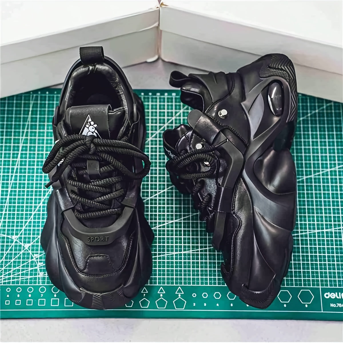 Men's Black Chunky Sneakers with Braided Laces Rubber Sole EVA Insole Casual Athletic