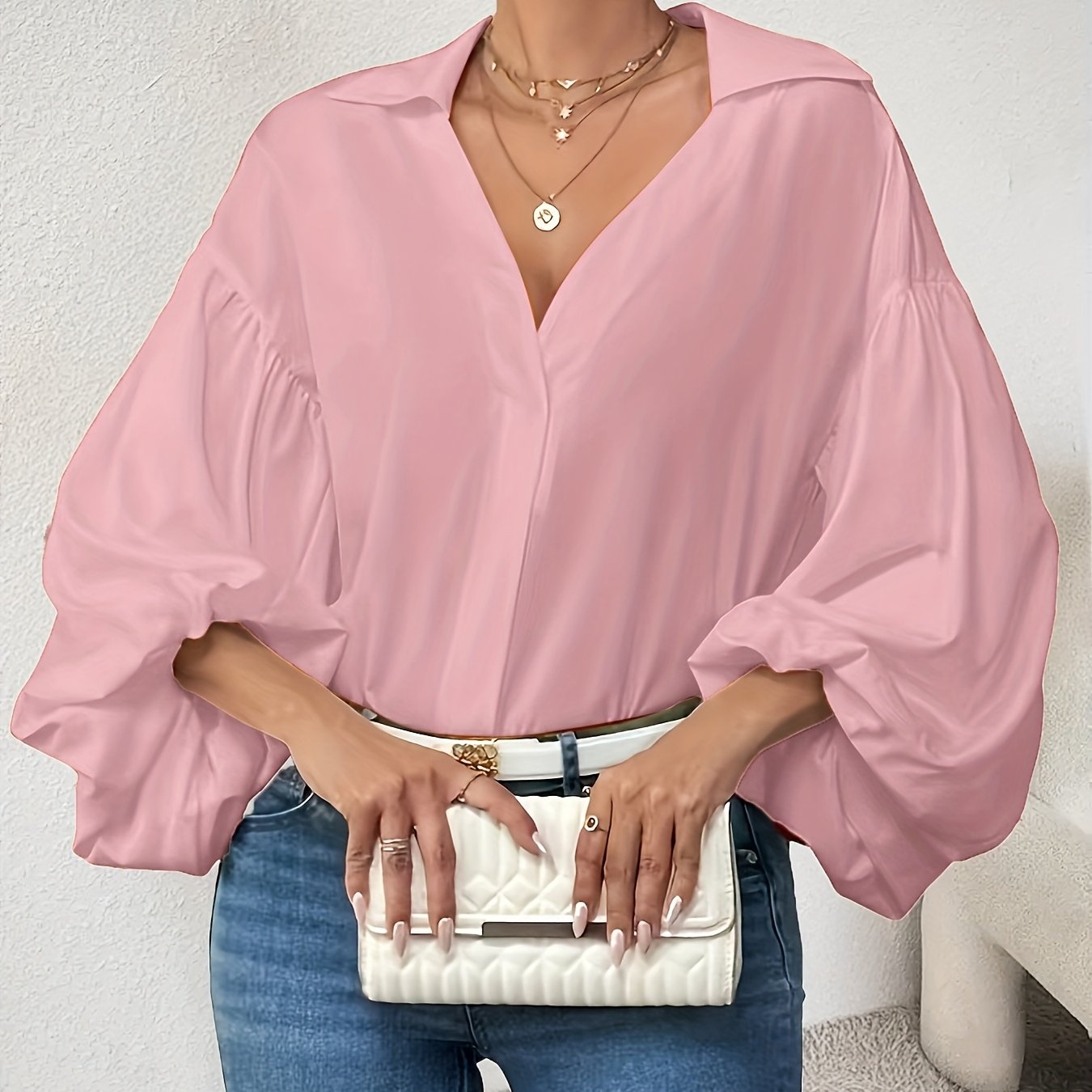 Ayollar uchun Noyob Ko'k V-yuynli Bluz Uzun Qo'l To'liq Kundalik kiyim