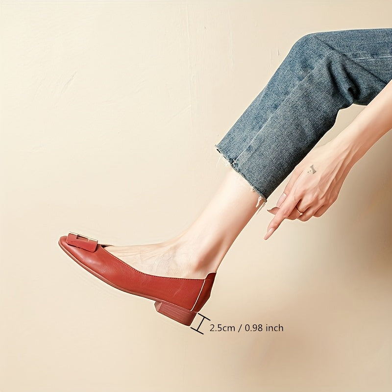 Women's Black Chunky Heel Pumps with Metallic Buckle Square Toe Work Shoes