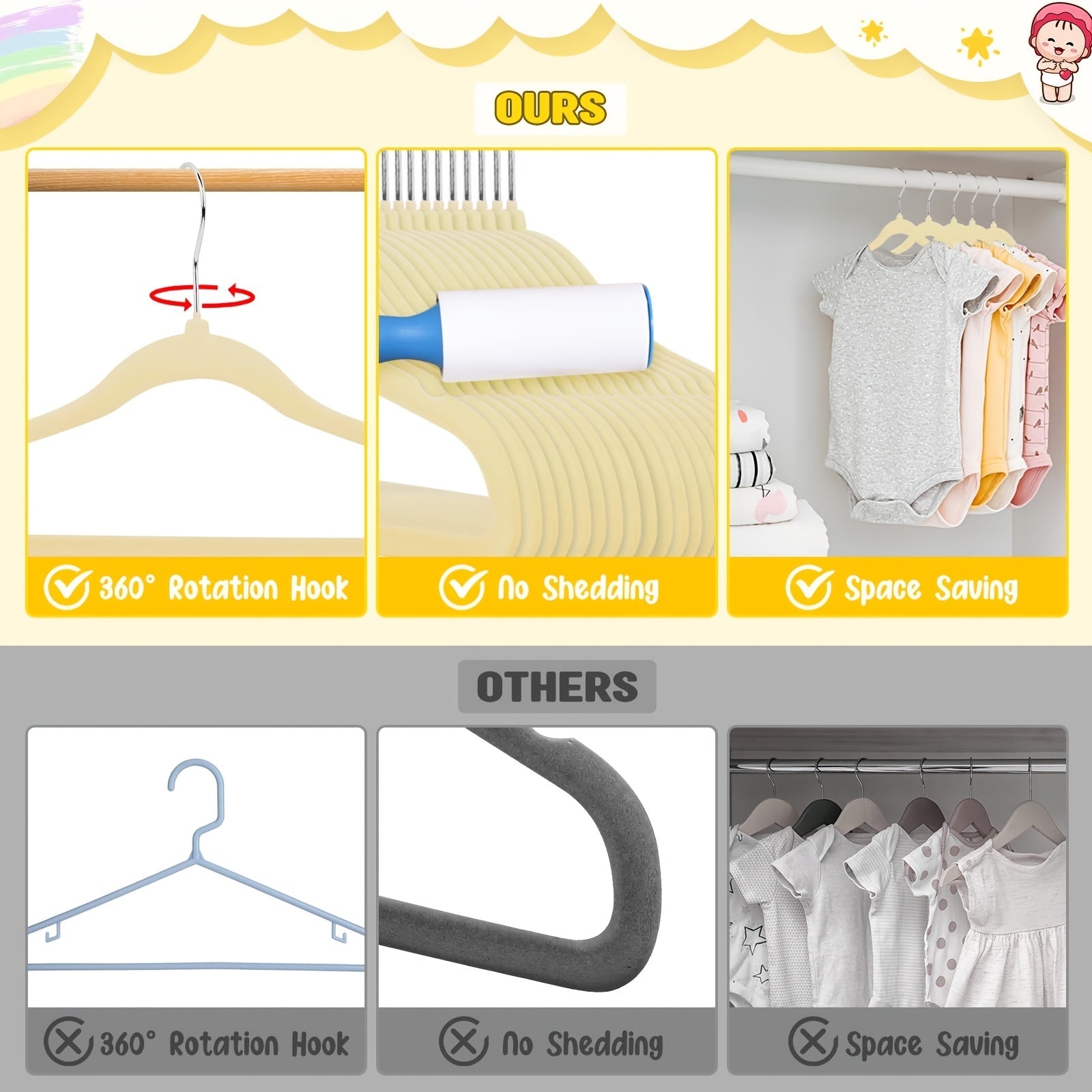Children's Velvet Hangers Set with Non-Slip Felt and Black Hooks, Space-Saving Flocking Hangers