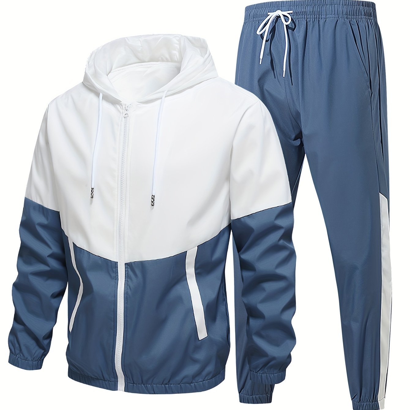 Yoz, kuz va qish mavsumi uchun kapüşonli kurtka, shortlar va shimlardan iborat erkaklar sport tasodifiy kostyumi, rang blokirovkasi bilan juft uslubida.