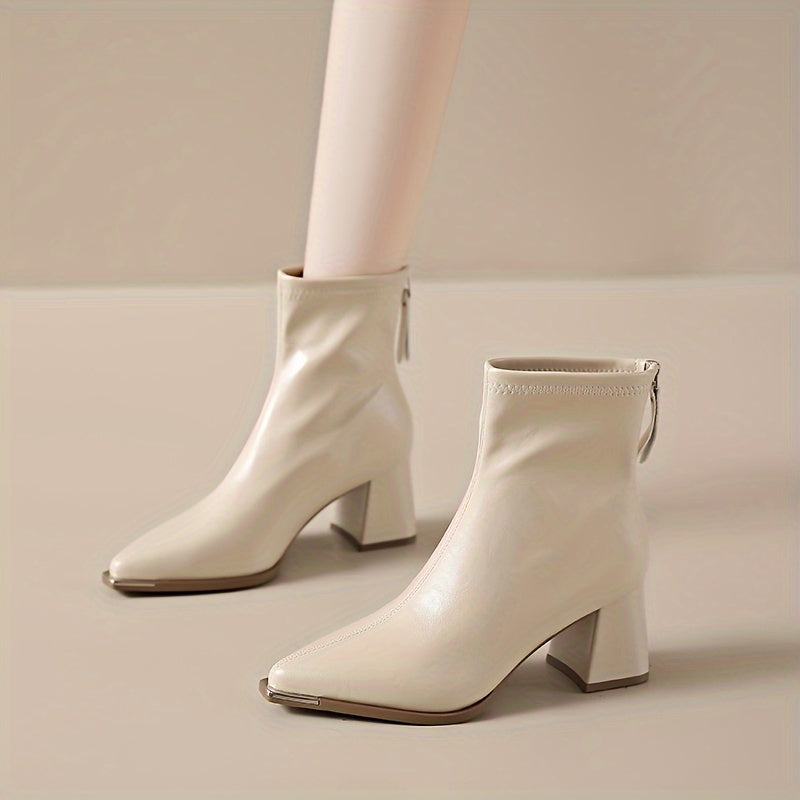 Women's Faux Mid-Calf Boots, Pointed Toe, Chunky Heel, Zipper