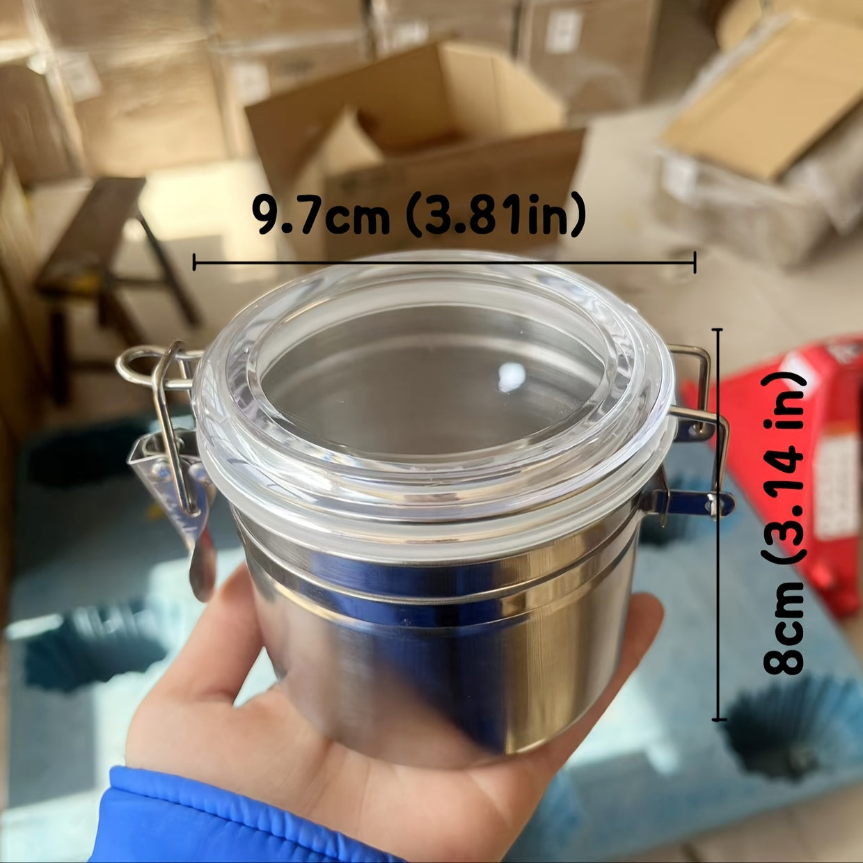 Airtight Stainless Steel Herb Storage Jar with Transparent Lid and Blue Clasp