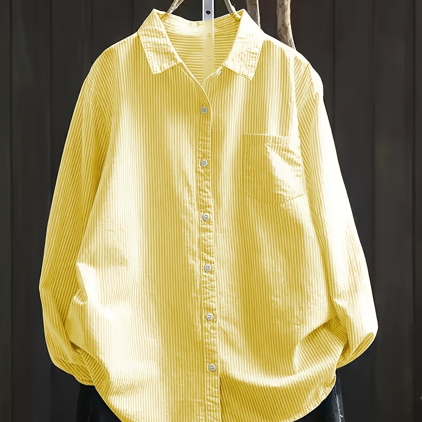 Plus Size Women's Striped Loose Fit Shirt Long Sleeve Button-Up Green White Vertical