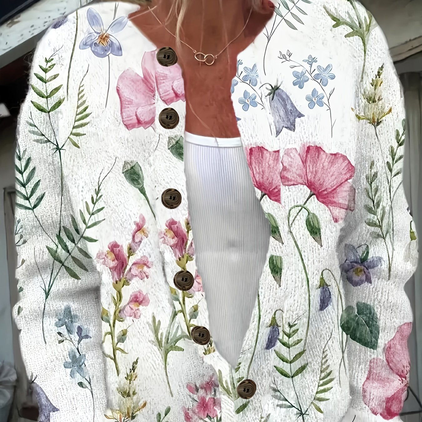 Cárdigan de mujer con estampado floral, manga larga, con botones, casual, ligero