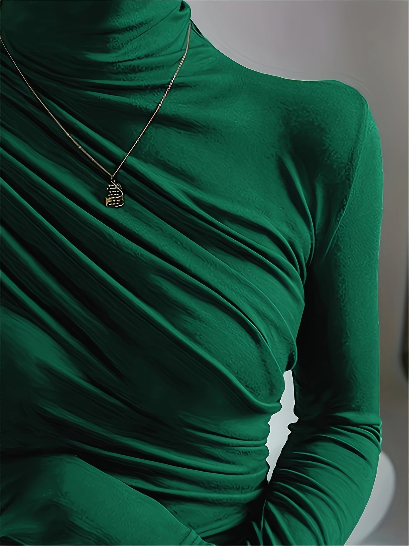 Women's Dark Brown Ruching Mock Neck Blouse with Long Sleeves and Micro Elasticity