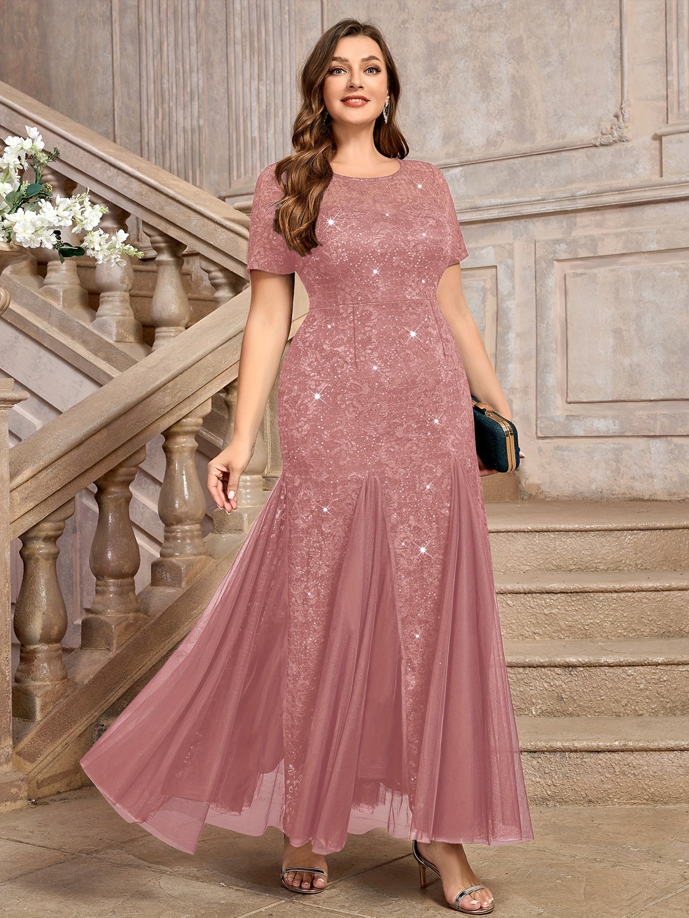 Plus Size Women's Navy Blue Sequin Lace Mermaid Maxi Dress for Formal Events