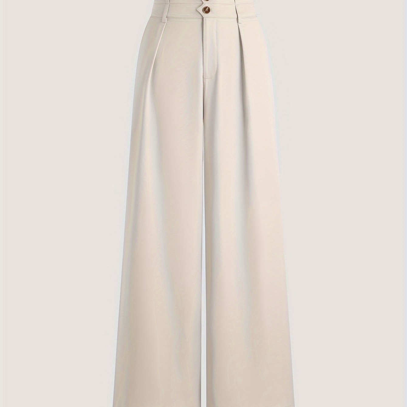 Ayollar uchun yuqori belli keng oyoq shimlar, bir rangda, polyester aralashmasidan tayyorlangan. Tugma tafsiloti mavjud va barcha mavsumlar uchun mos keladi.