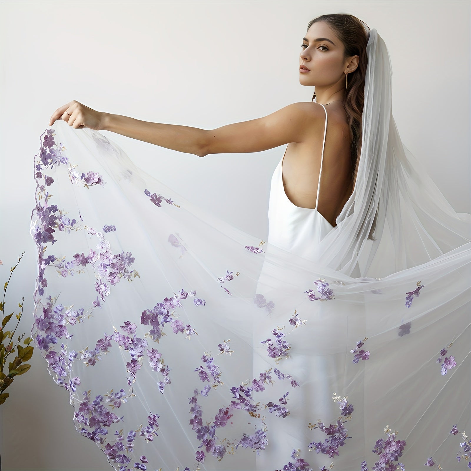 Purple Lace Bridal Veil with Comb Single-Layer Wedding Veil for Women