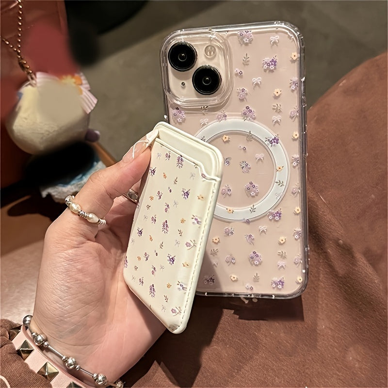 Purple Floral Pattern Magnetic Phone Case with Bow Design and Card Holder in TPU