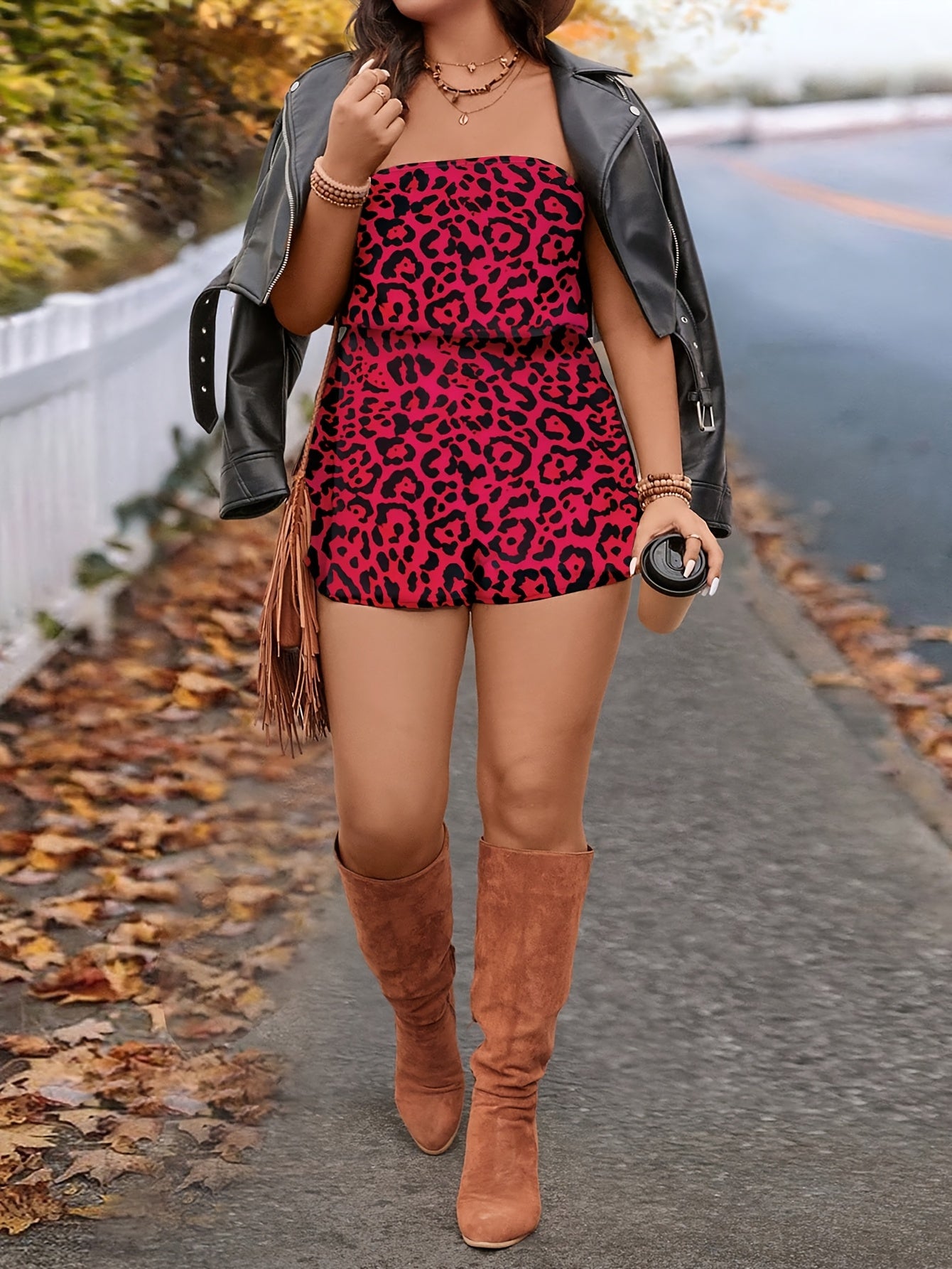 Plus-Size Women's Leopard Print Strapless Jumpsuit Summer Casual Non-Stretch Breathable