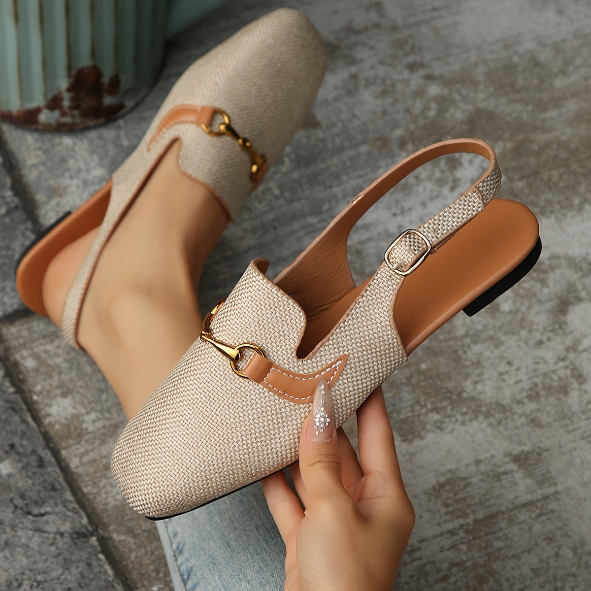 Women's Beige Mary Jane Flats with Buckle Closure Comfortable Square Toe