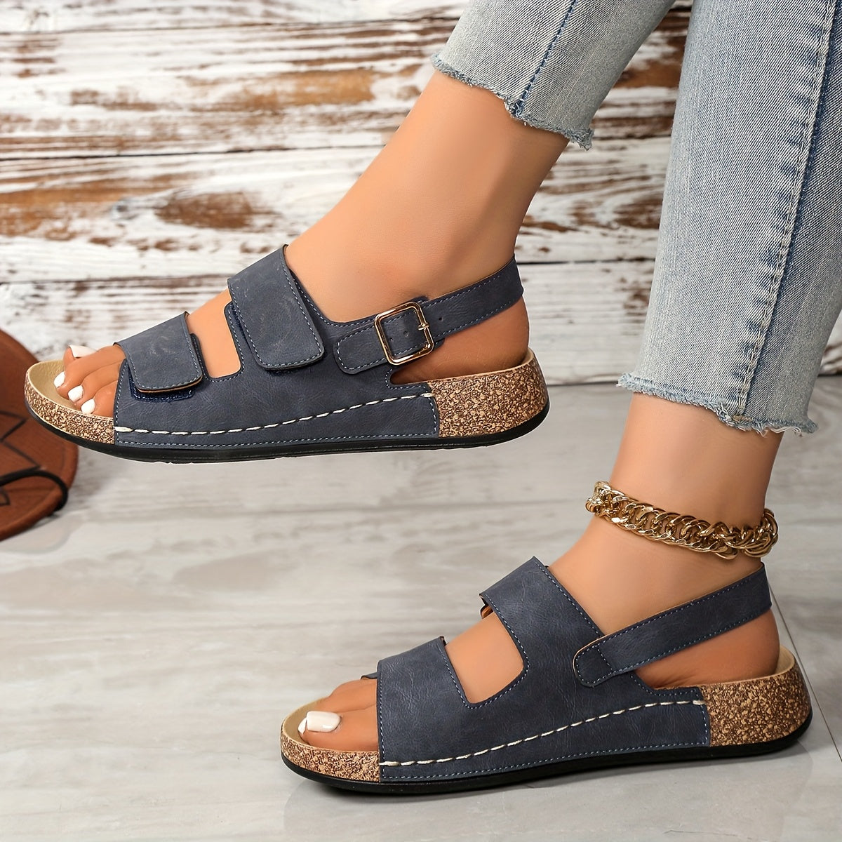 Women's Summer Sandals Open Toe Cushioned Dark Blue Cork Strappy