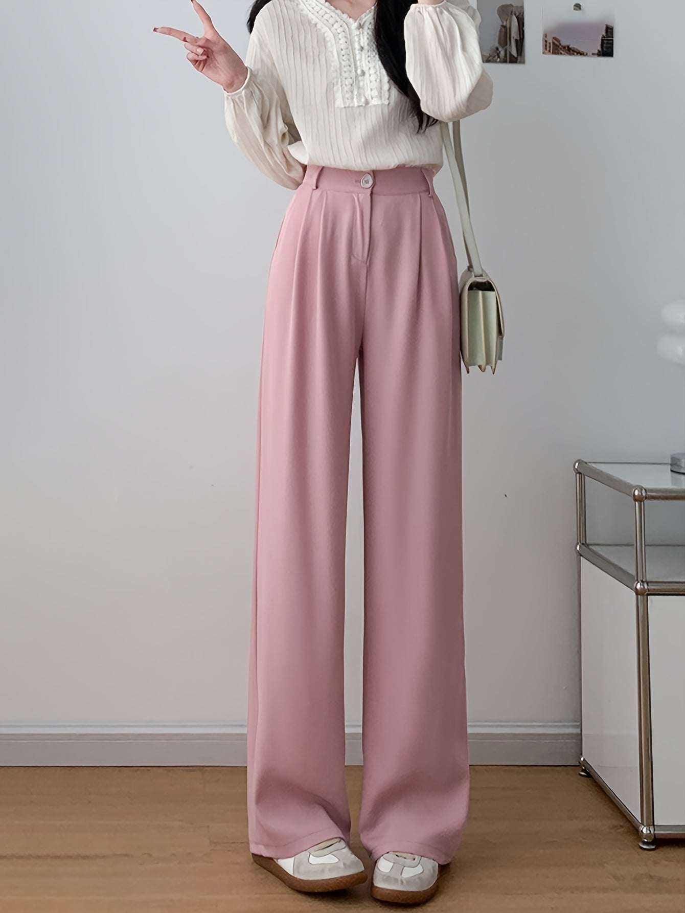 High-Waisted Straight Leg Pants for Women Breathable Wrinkle-Resistant Polyester Elastane
