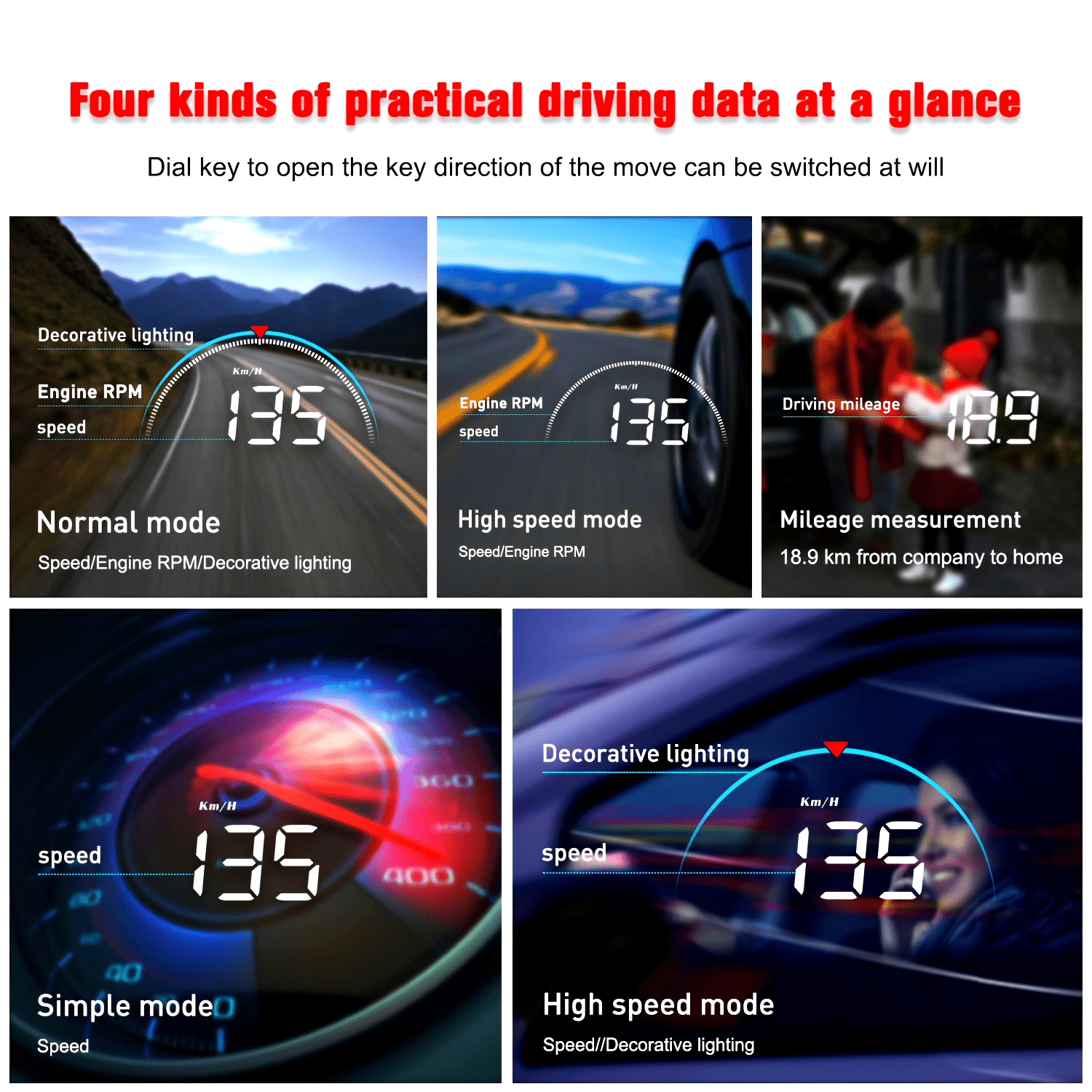 Car Heads-Up Display HD Portable Projector for Vehicles Speed Temperature Alarm
