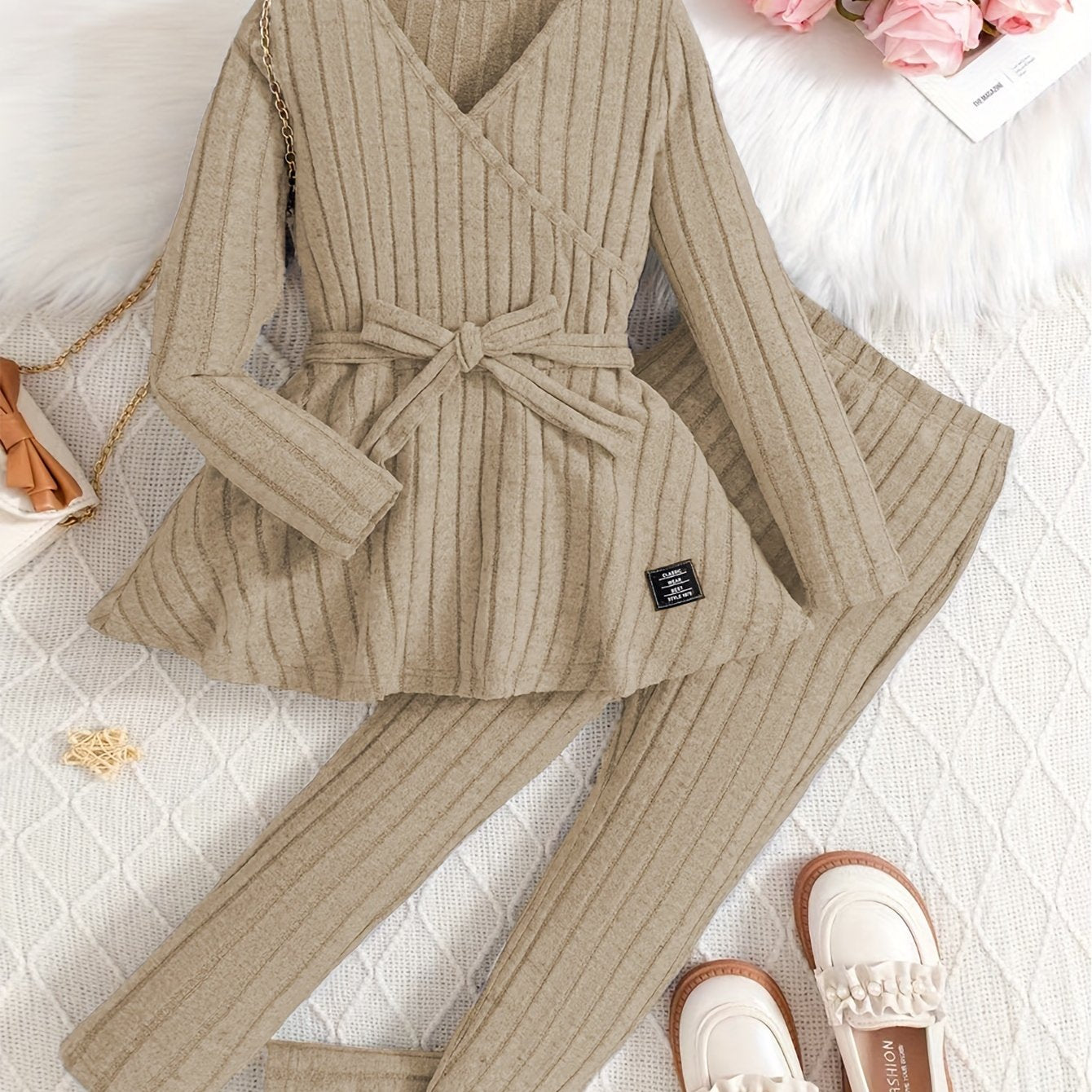 Leggings de rayas de punto de costilla ajustado para niñas primavera verano, con estiramiento medio y amigables con la piel