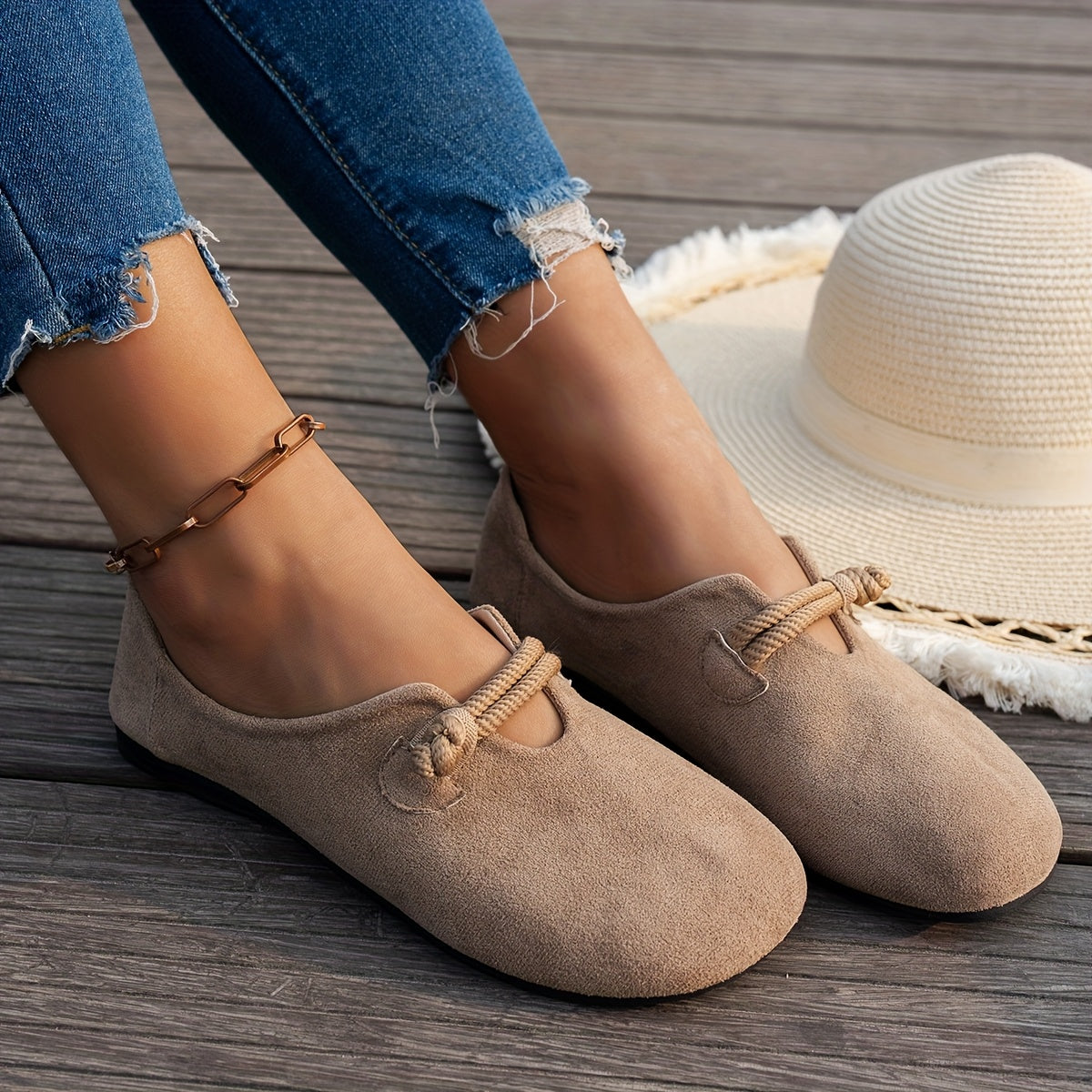 Women's Soft Sole Brown Flats, Slip-On Casual Shoes, Non-Slip Rubber