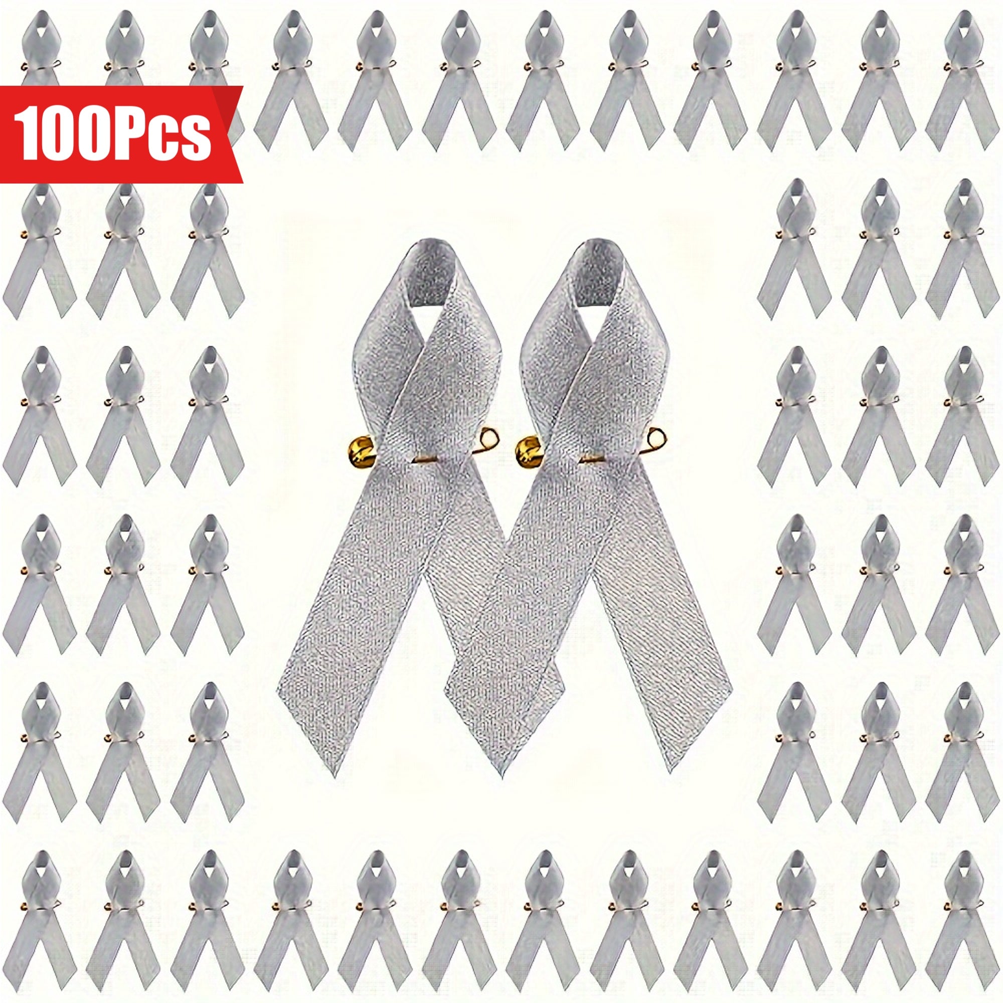 Set of 100 Gray Ribbon Awareness Pins for Diabetes Lung Cancer and Asthma Support