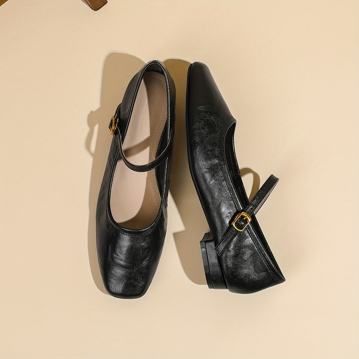 Women Black Faux Cover Mary Jane Flats with Low Heel and Ankle Strap