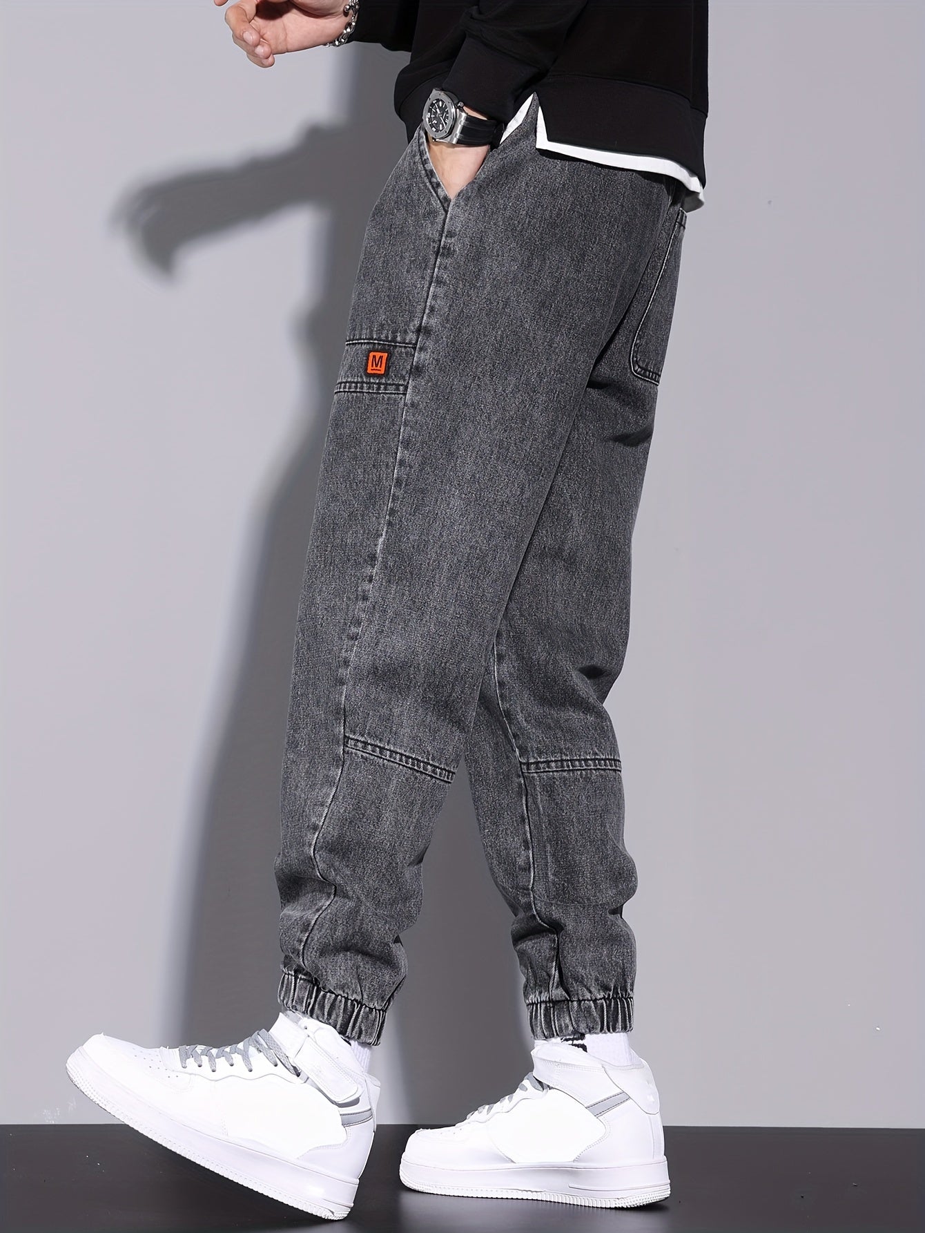 Men's Denim Jogger Pants with Elastic Drawstring Waist Cropped All-Season Street Style