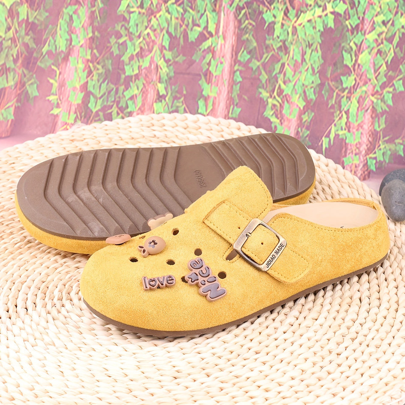 Women’s Microfiber Cartoon Letter Mule Shoes - Casual All-Season Flat Beige