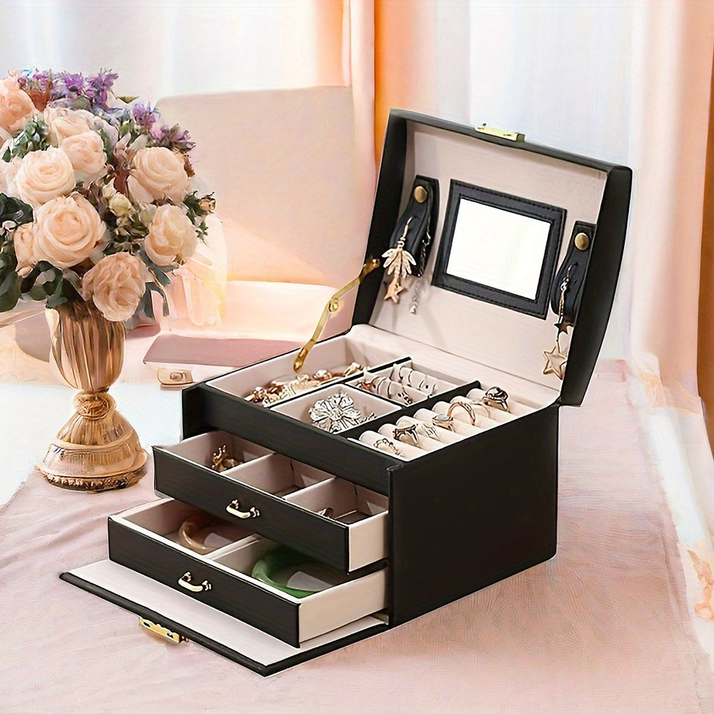 Легкая фиолетовая шкатулка для украшений с замком, зеркалом и двойными ящиками для женщин