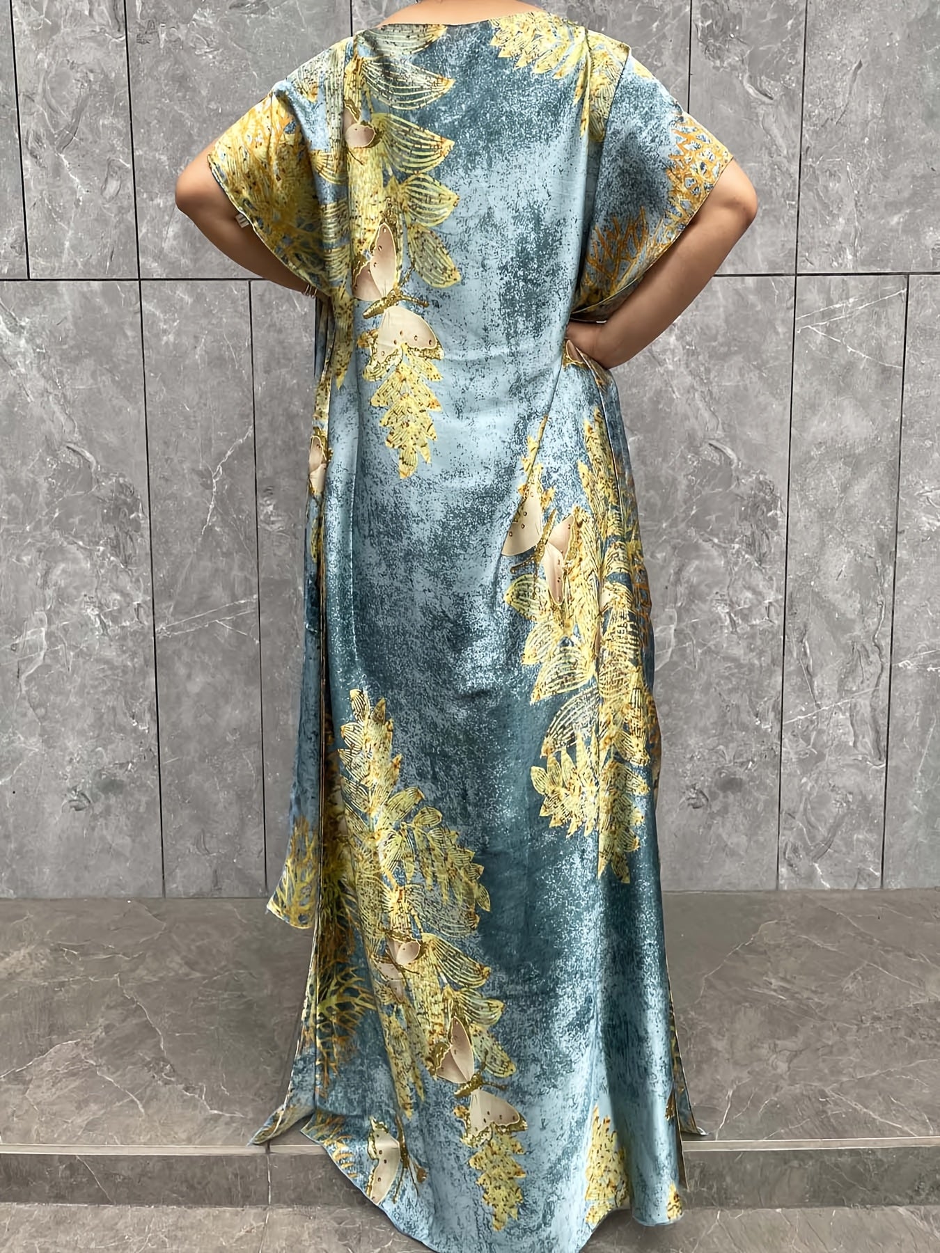 Plus Size Floral Print Tunic Dress With Scarf Polyester Crew Neck Batwing Sleeve