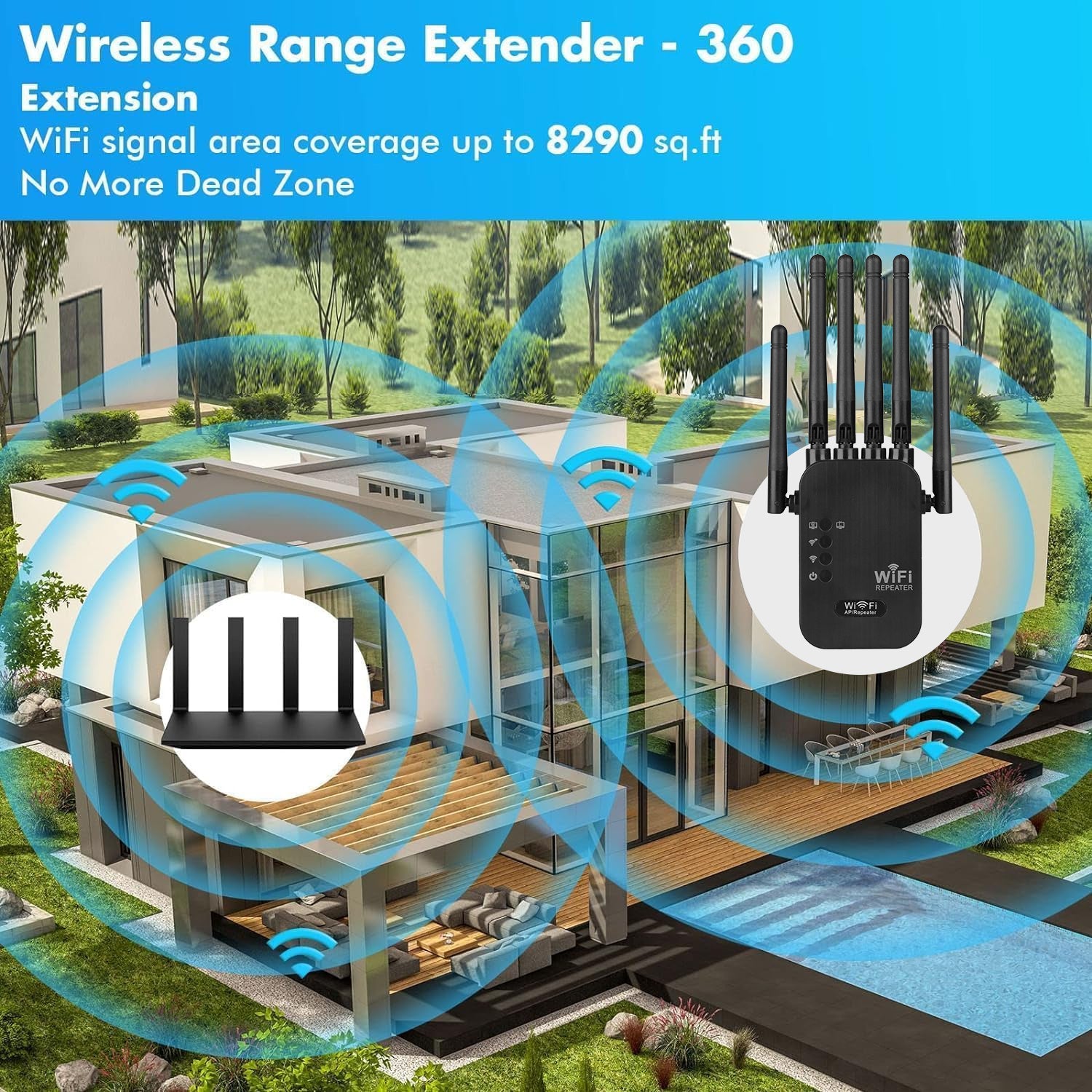 WiFi Extender Dual Band Repeater 1200Mbps with 6 Antennas Supports WiFi 6 Ethernet Long Range Coverage