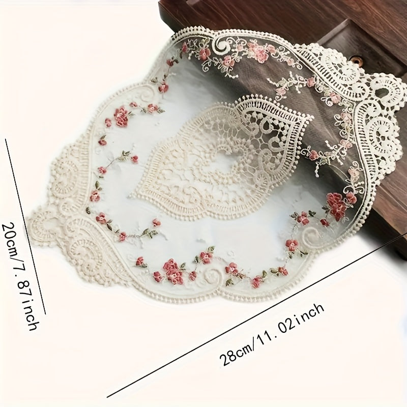 Polyesterdan yasalgan vintage fransuz dantelli tikilgan stol qoplamasi, stolni bezatish yoki fotosuratlar uchun prop sifatida ideal.