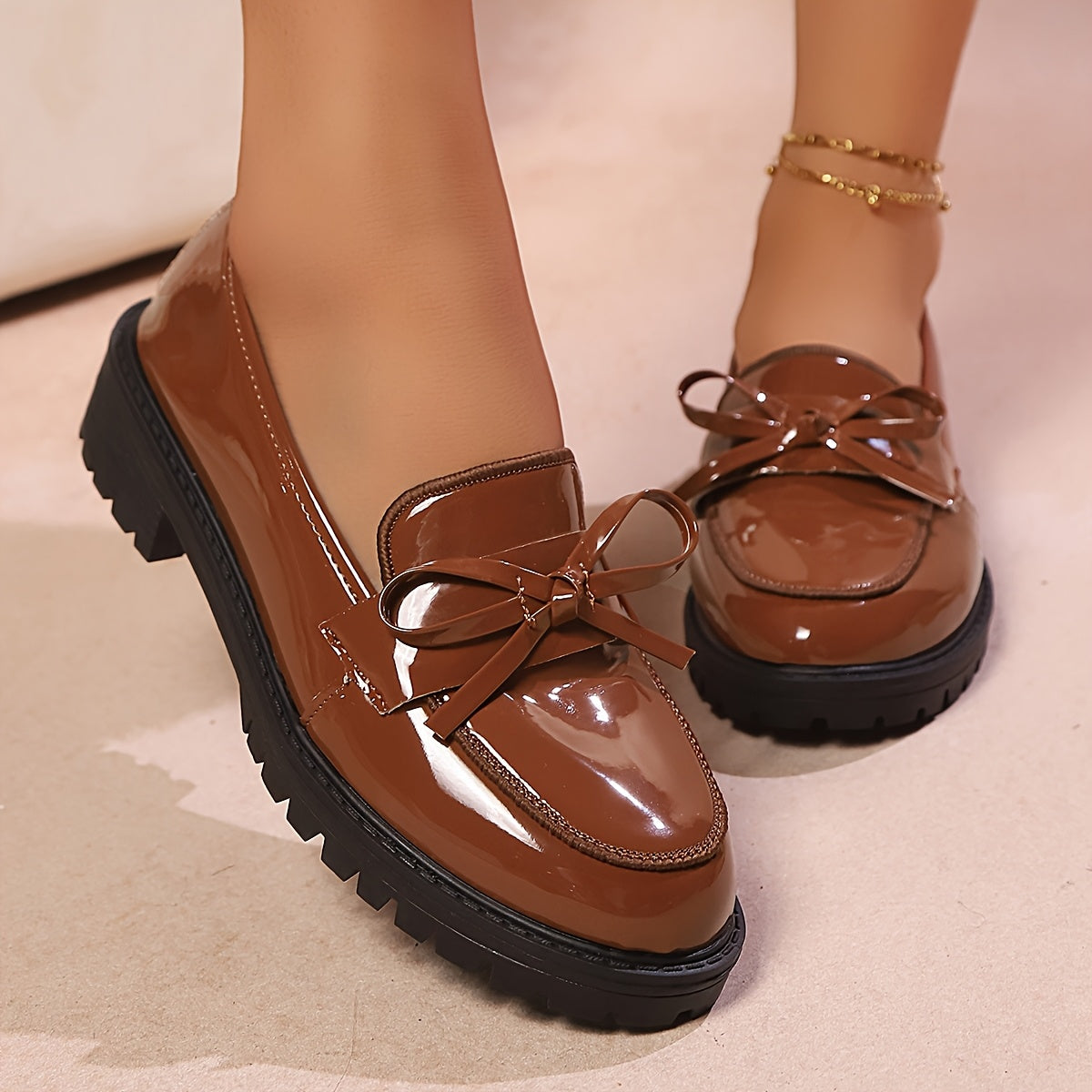 Women's Red Bow Oxford Loafers Glossy PU Slip-Resistant Comfort Sole