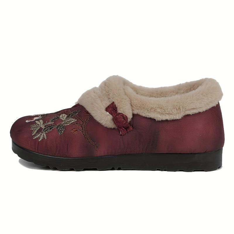 Women's Ethnic Embroidery Winter Boots Faux Fur Lined Non-Slip Sole Red Green
