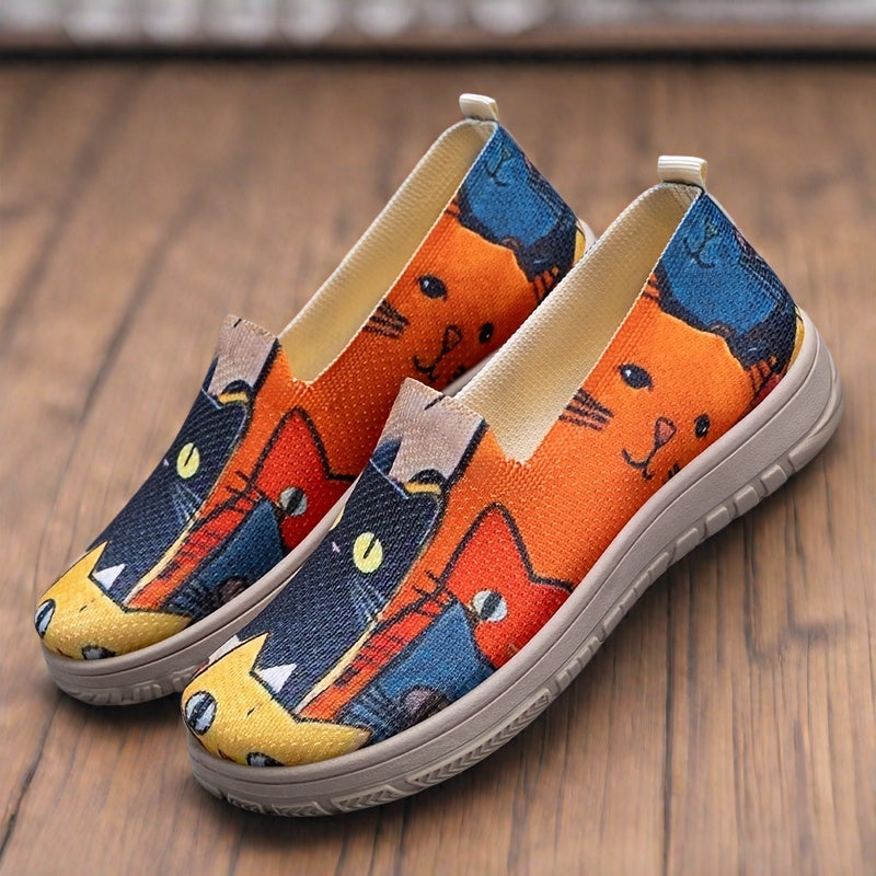 Zapatos planos casuales de tela para mujer con patrón de gatito, slip-on, zapatos planos cómodos